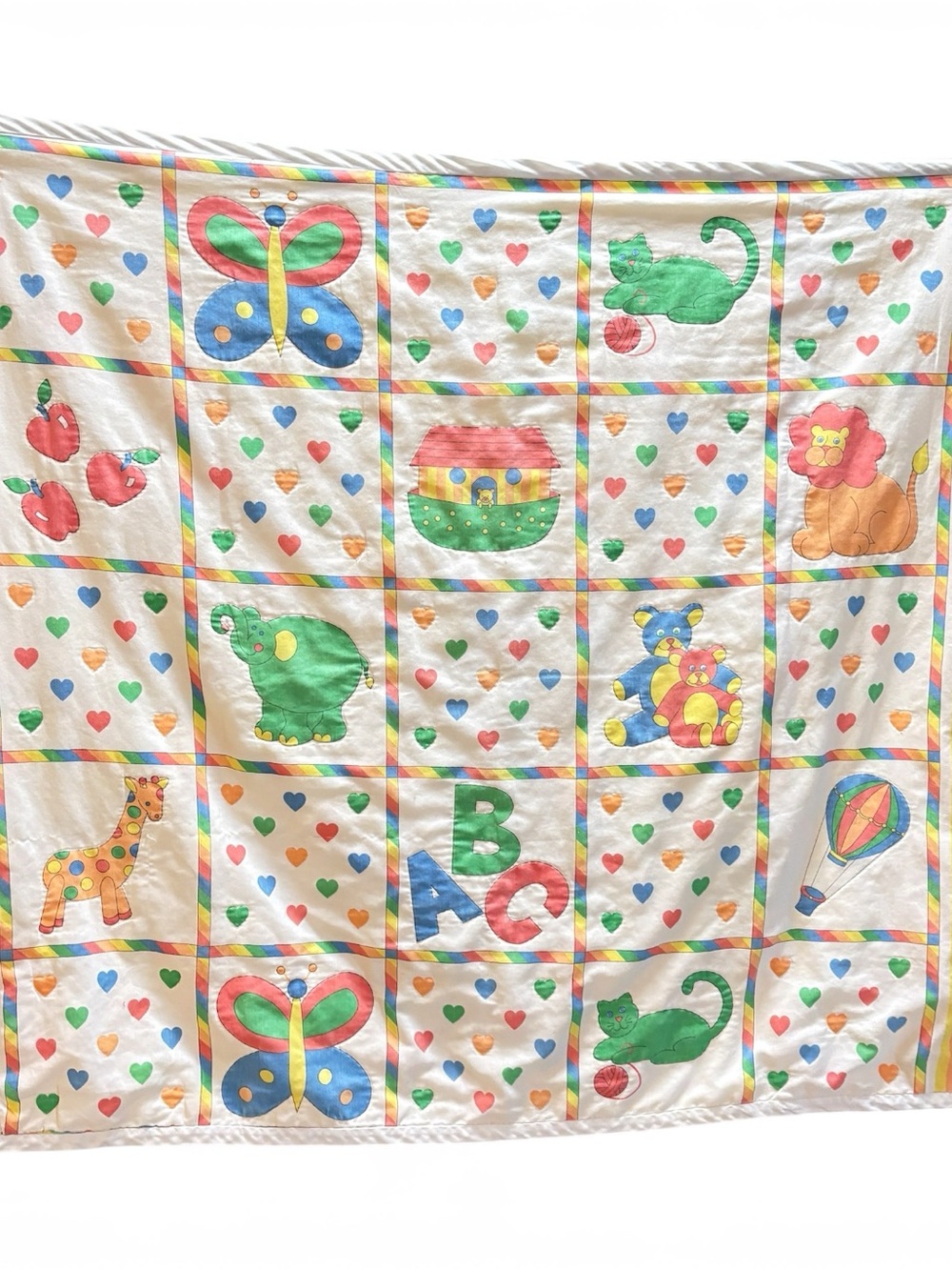 Vintage 80s Handmade Baby Quilt Blanket Primary Colors ABC Rainbow 🌈